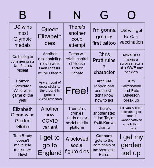 Junior Year of 2020 Bingo Card