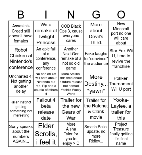 My E3 prediction bingo :D Bingo Card