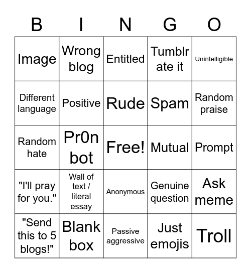 Tumblr Ask Bingo Card