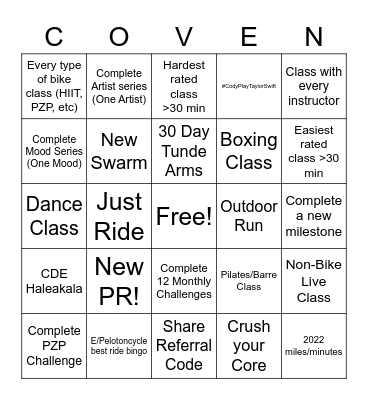 Peloton30 Bingo Card