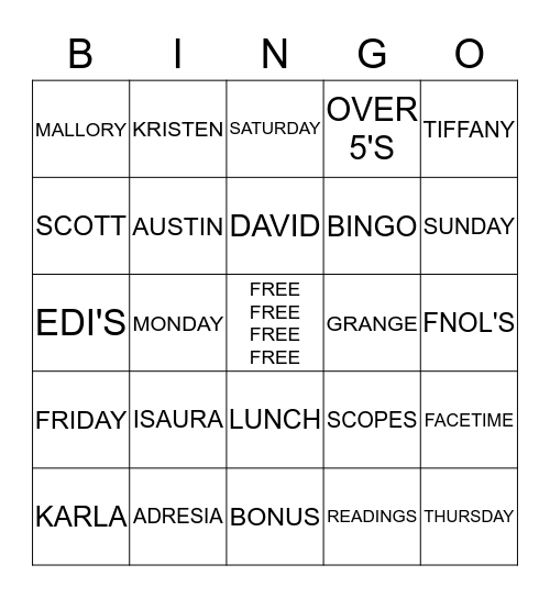 Weekend Warriors Bingo Card