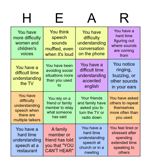 HEARING LOSS BINGO Card