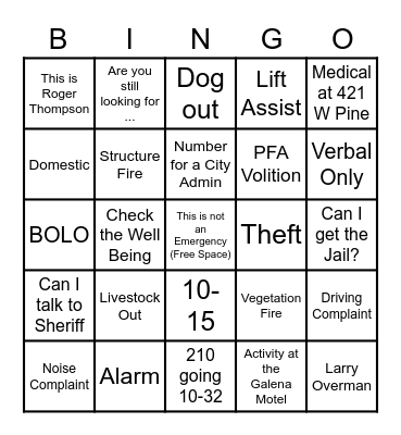 Cherokee County Dispatch Bingo Card