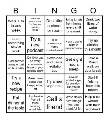 Health & Wellness Bingo Card
