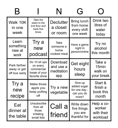 Health & Wellness Bingo Card