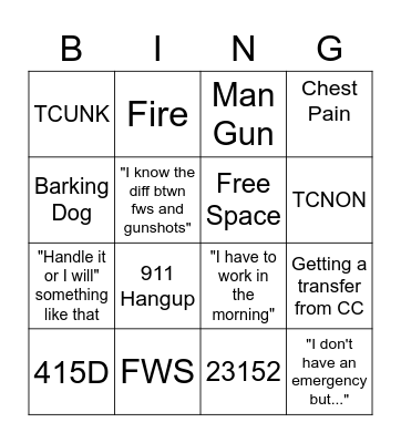 Call Taker Bingo Card
