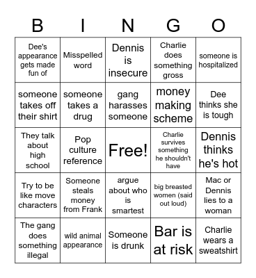 It's Always Sunny Bingo Card