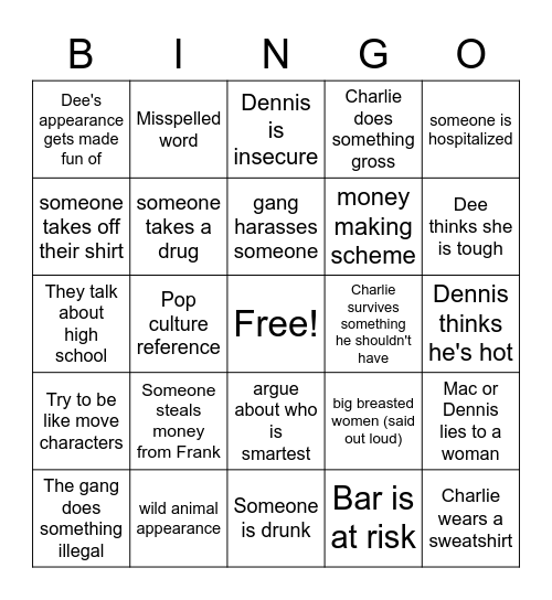 It's Always Sunny Bingo Card