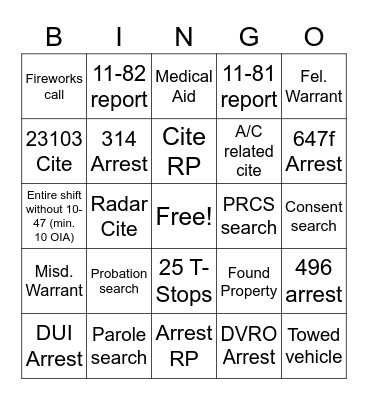 Generic Patrol Bingo Card