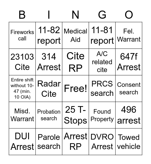 Generic Patrol Bingo Card