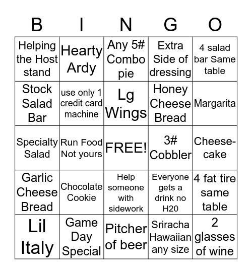 Beau Jo's  Bingo Card