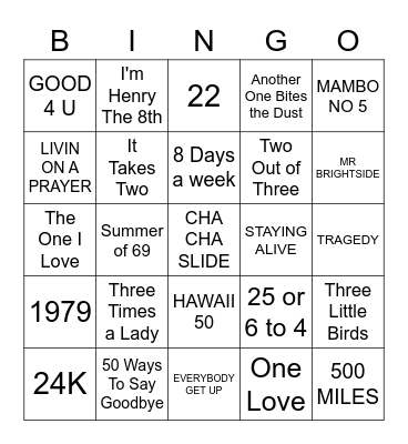 Songs With Numbers Bingo Card