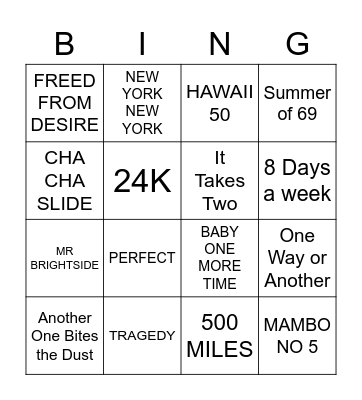 Songs With Numbers Bingo Card