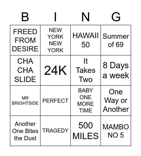 Songs With Numbers Bingo Card