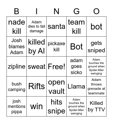 Fortnite Bingo Card