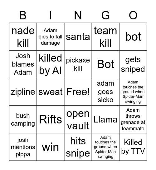 Fortnite Bingo Card