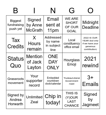 New Year's Eve NDP Donation Emails Bingo Card