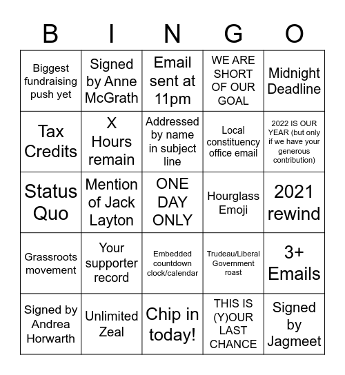 New Year's Eve NDP Donation Emails Bingo Card