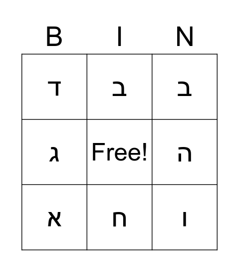 Alef Bet א-ח Bingo Card