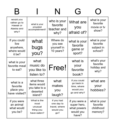 Getting to know you Bingo Card