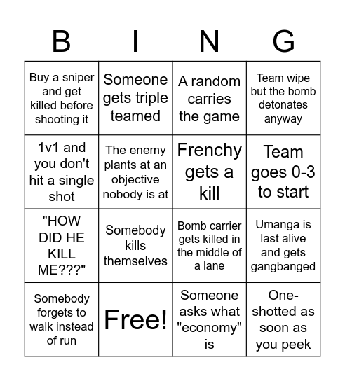 VALORANT DRINKING GAME Bingo Card