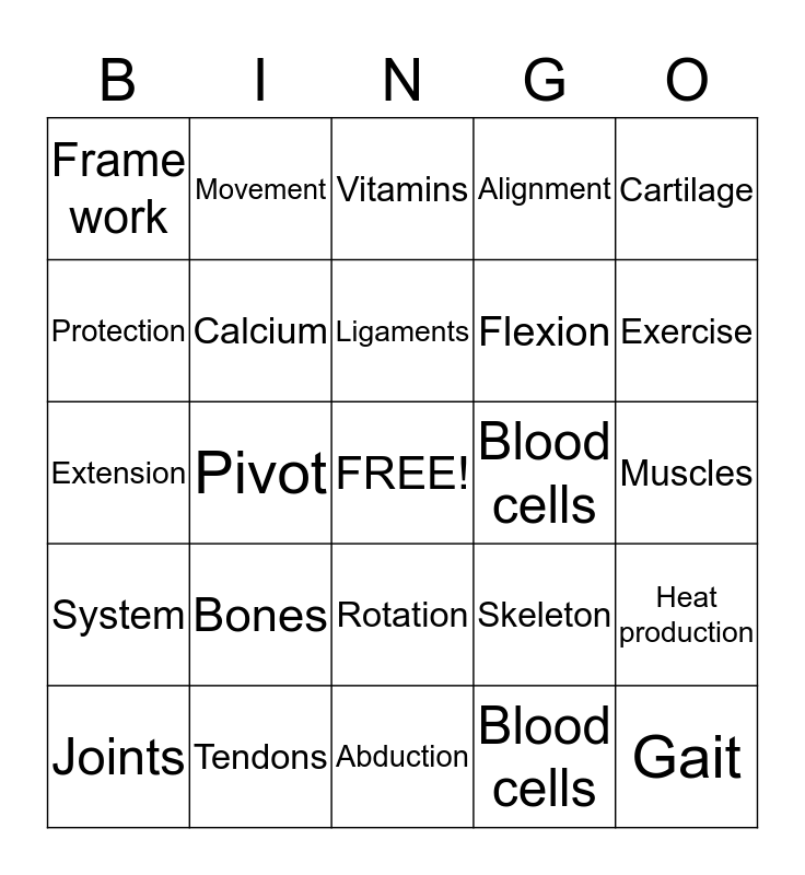 Musculoskeletal Bingo Card