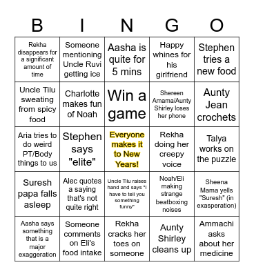 New Years Eve Bingo Card