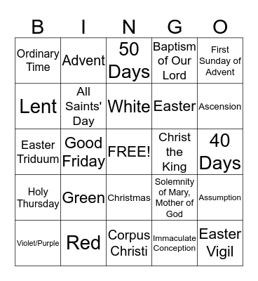 Liturgical Season Bingo Card