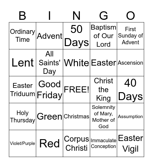 Liturgical Season Bingo Card