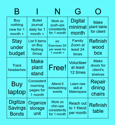Rosie's 2022 Goals Bingo Card