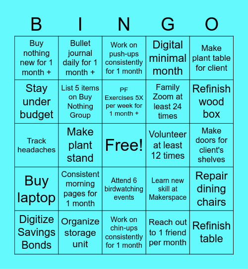 Rosie's 2022 Goals Bingo Card