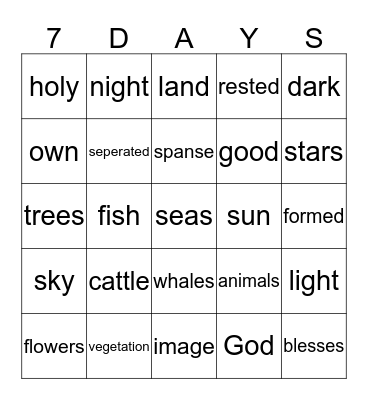 God Created The World Bingo Card