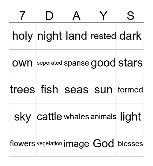 God Created The World Bingo Card