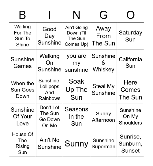 Songs With "Sun" In The Title Bingo Card