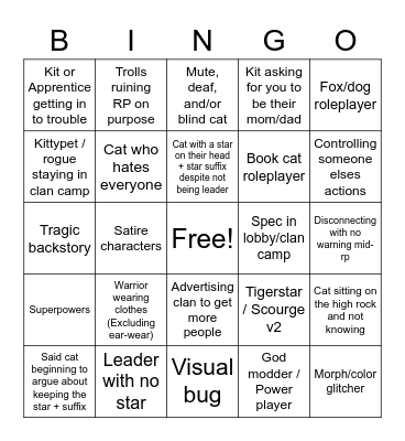 Warrior Cats: Ultimate Edition Roblox Bingo Card
