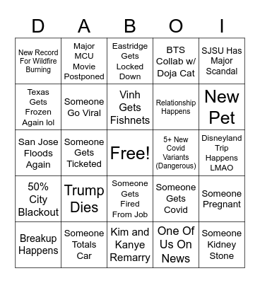 Da Bois 2 2022 Predictions Bingo Card