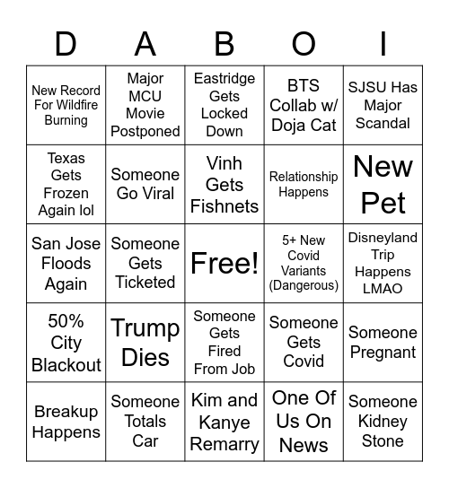 Da Bois 2 2022 Predictions Bingo Card