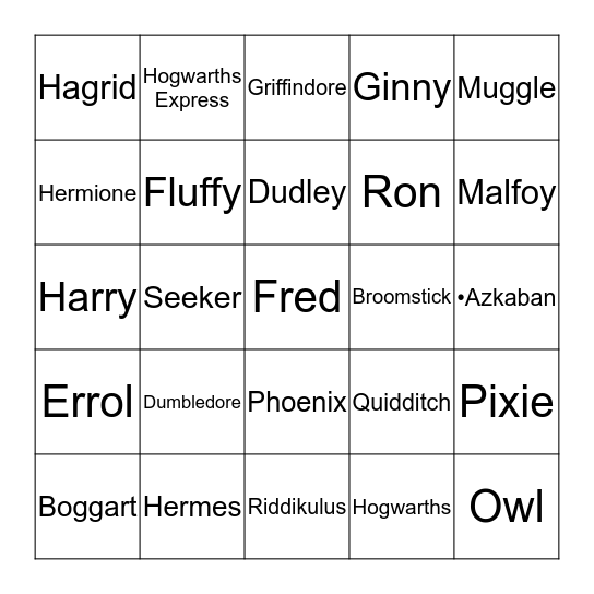 Harry Potter Bingo Card