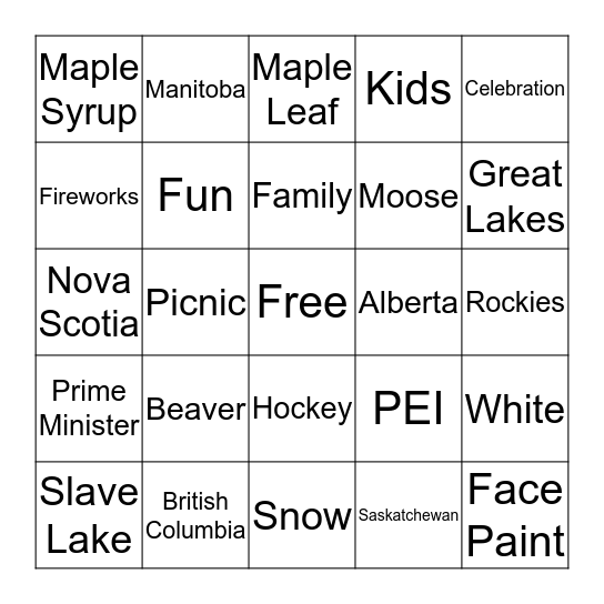 Canada Day Bingo! Bingo Card