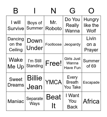 80's music Bingo Card
