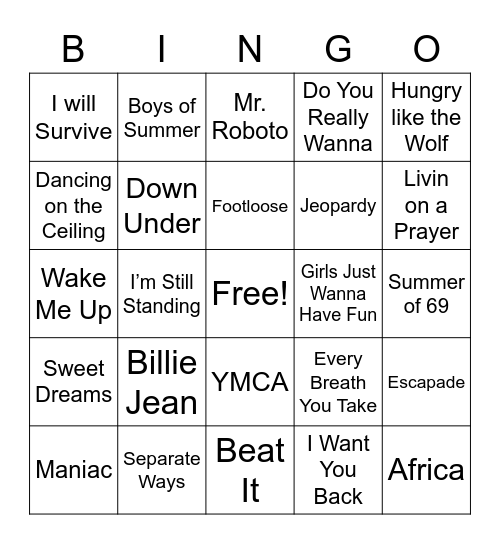 80's music Bingo Card