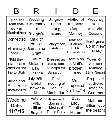 Jillian's Bridal Shower Bingo!  Bingo Card