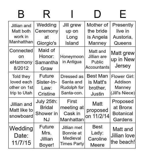 Jillian's Bridal Shower Bingo!  Bingo Card