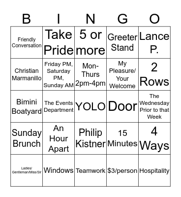 Greeter Bingo Card