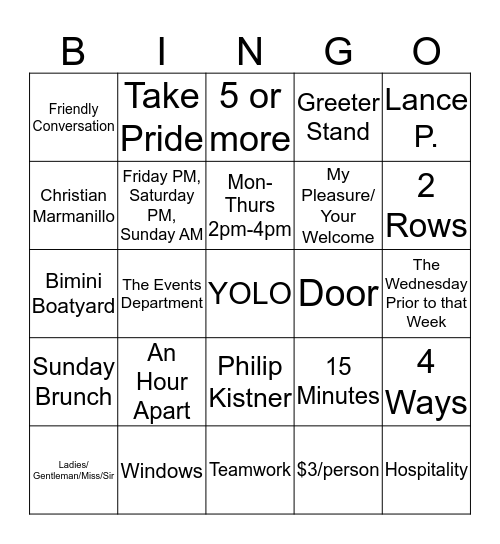 Greeter Bingo Card