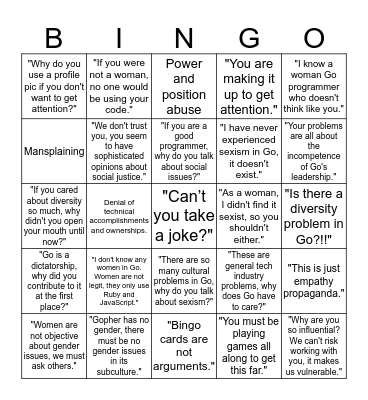Sexist Gopher Bingo Card