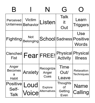 Anger Bingo Card