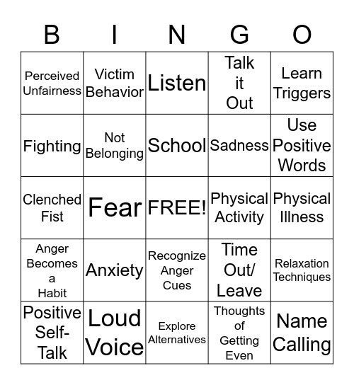 Anger Bingo Card