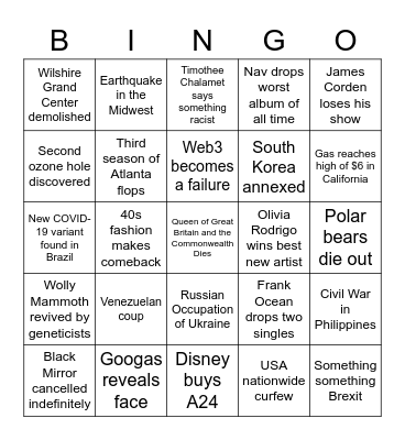 2022 Worst Case Predictions Bingo Card