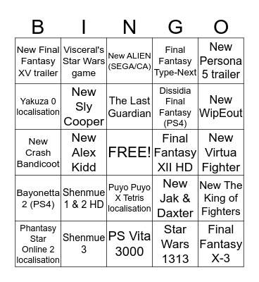 E3 Bingo Card